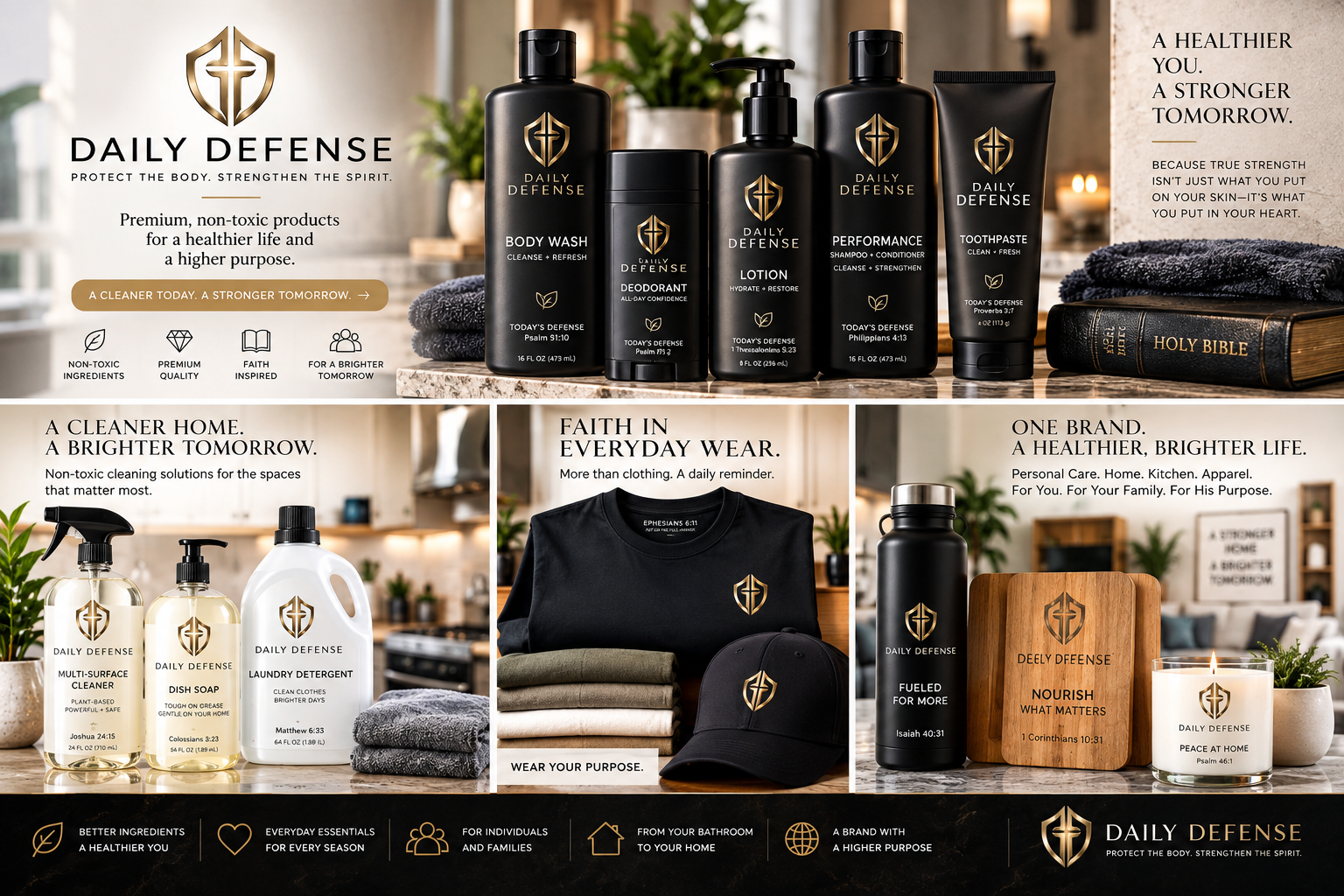 Daily Defense lifestyle brand visual showing personal care, cleaning, apparel, home and kitchen concepts